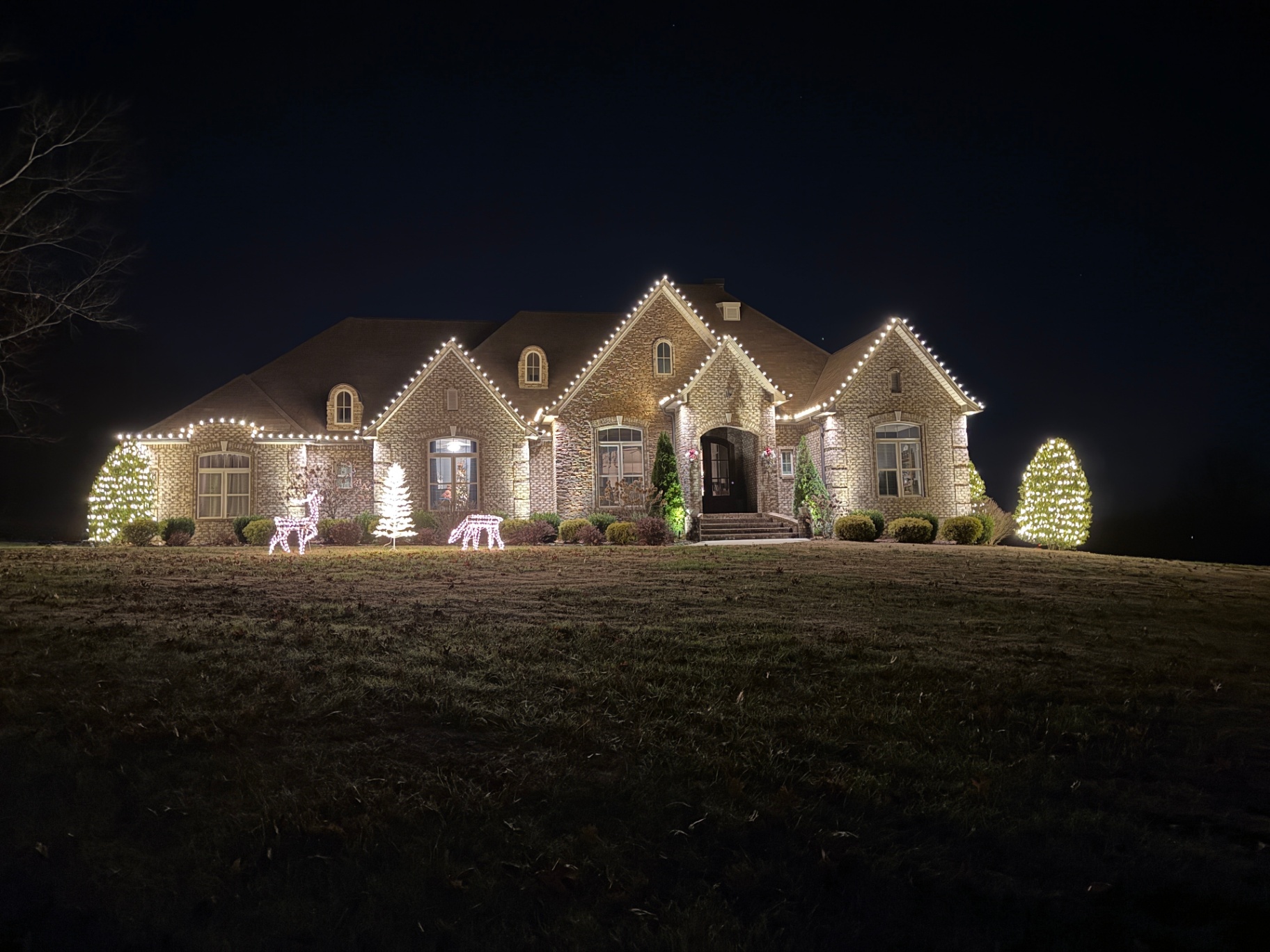 Jason home warm white with lit trees and decorations, alternate view