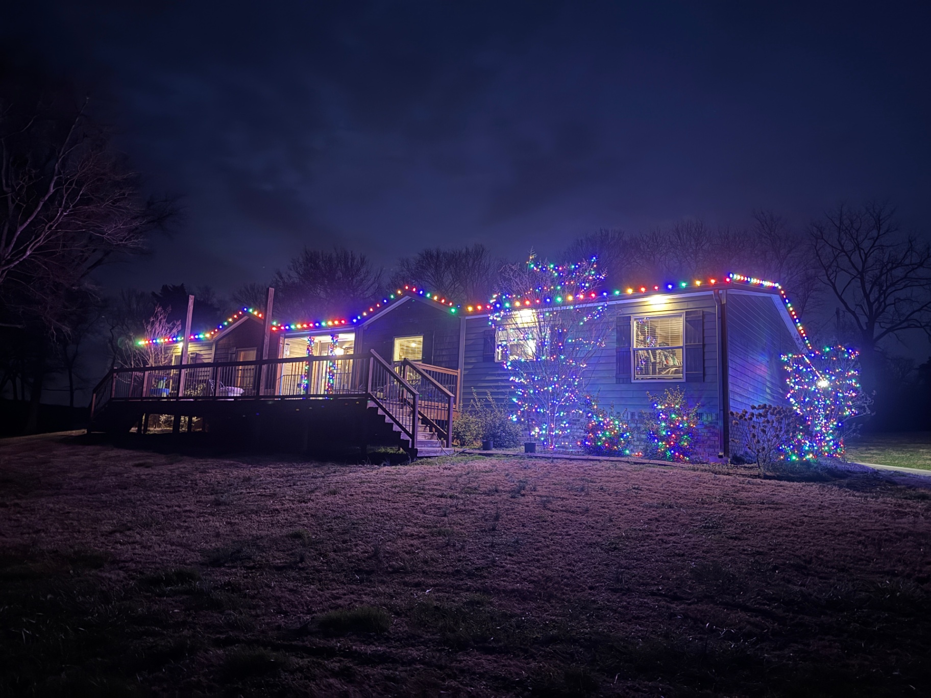 Hayes home multicolor lights with lit trees