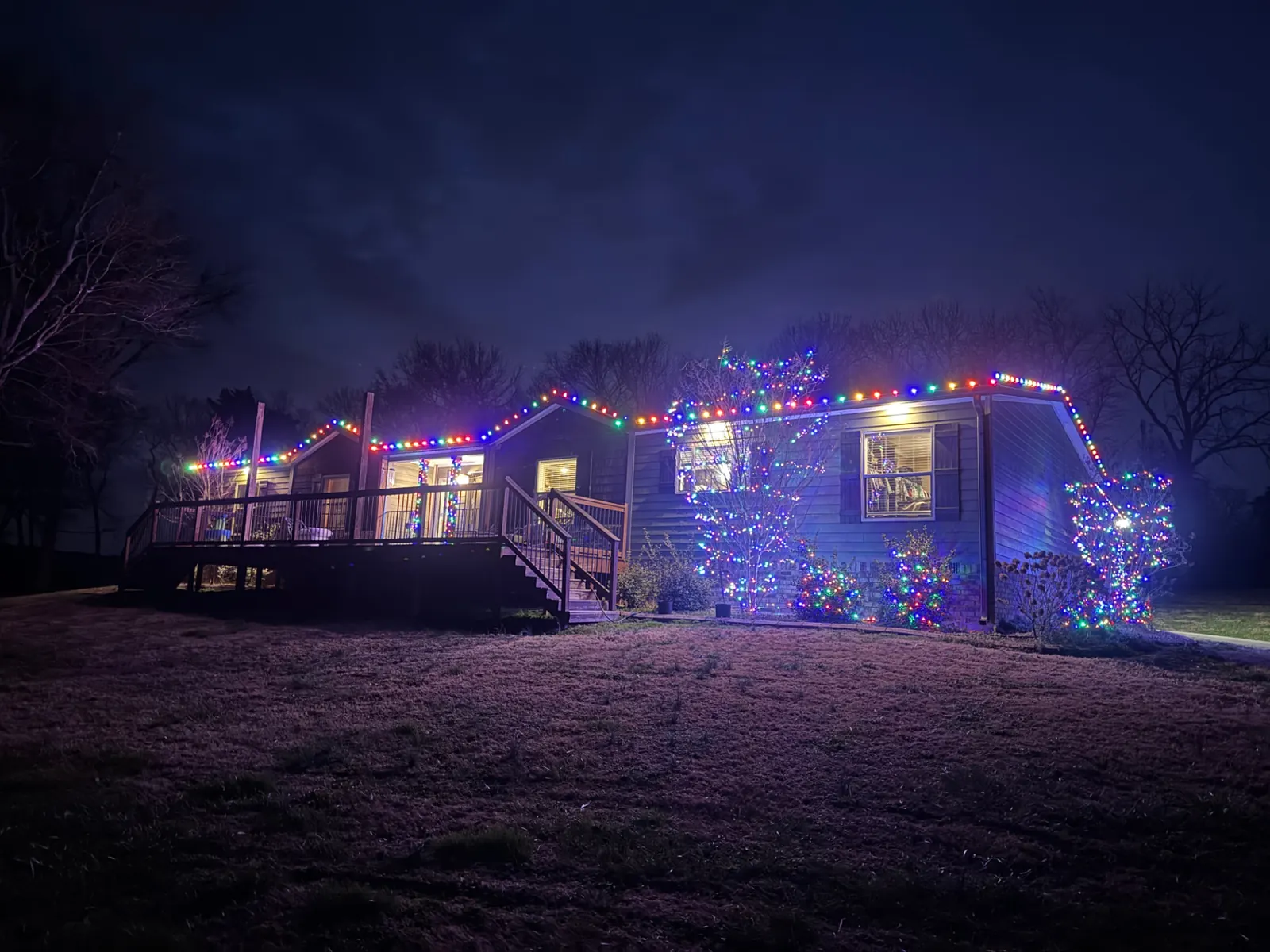 Hayes home multicolor lights with lit trees